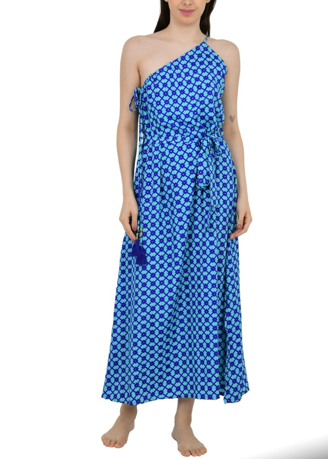 Silk Dress One Shoulder Cobalt