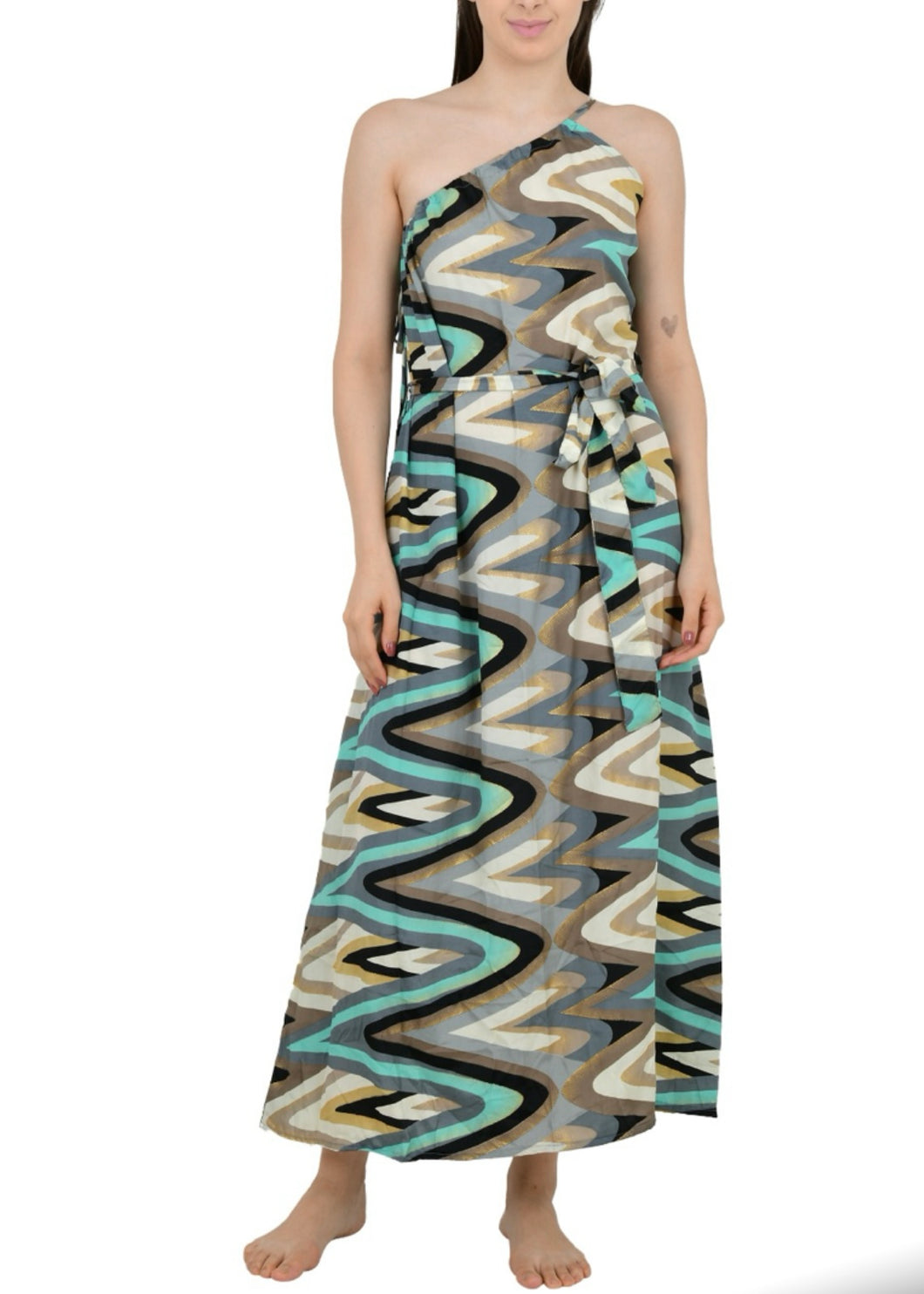 Silk Dress One Shoulder Green Geometric