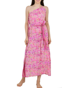 Silk Dress One Shoulder Pink Paisley