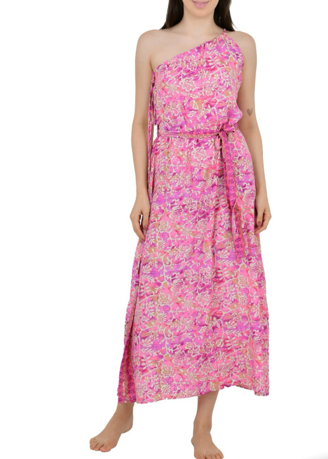 Silk Dress One Shoulder Pink Paisley