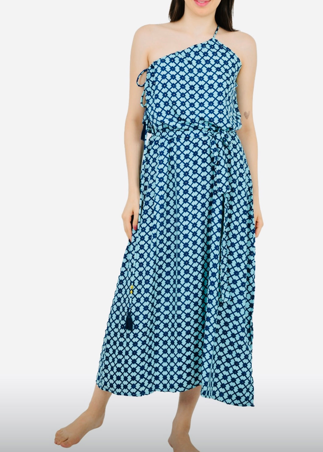 Silk Dress One Shoulder Sky