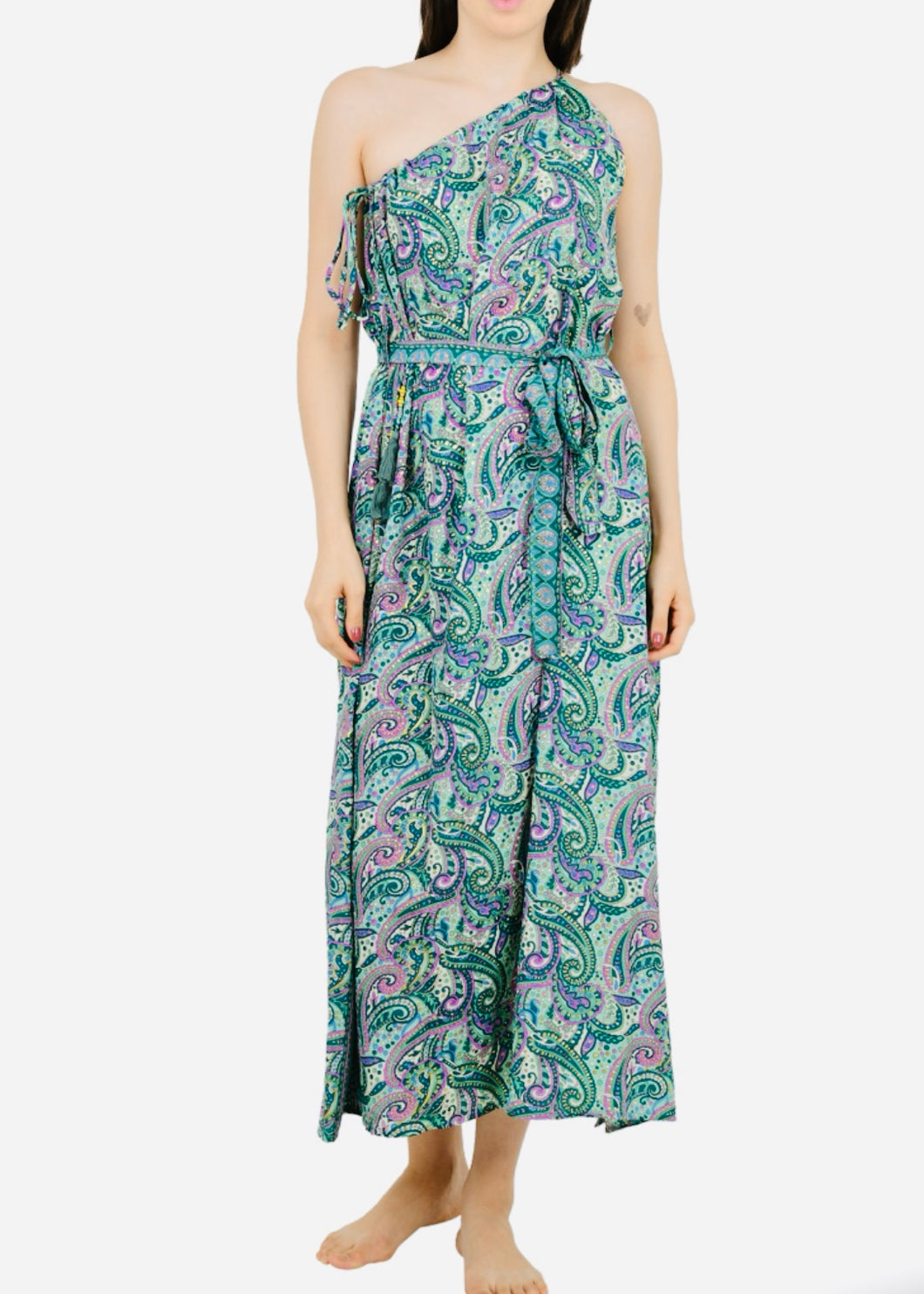 Silk Dress One Shoulder Green Paisley