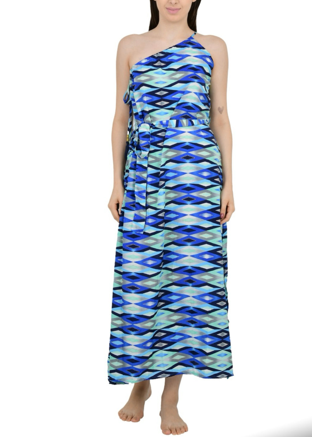 Silk Dress One Shoulder Cobalt Swirl
