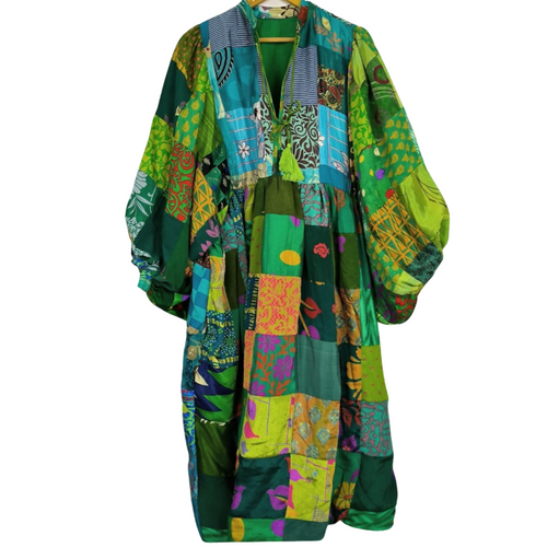 Vintage Silk Patchwork Dress Emerald