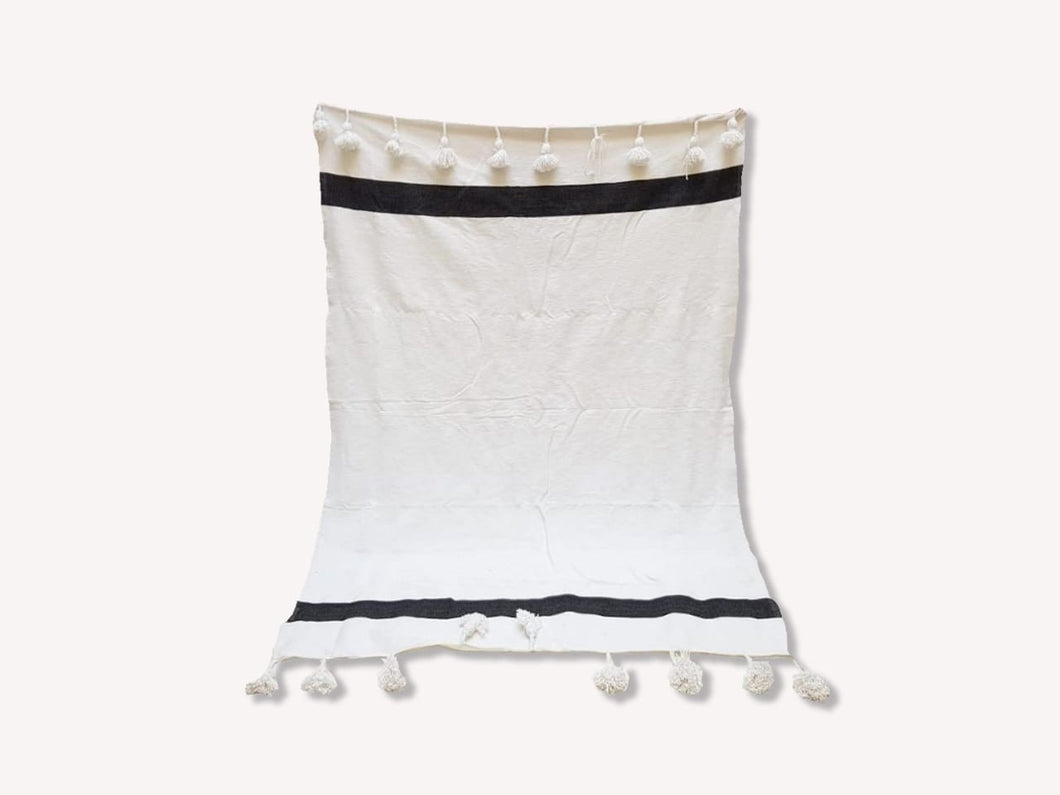 Pom Pom Blanket White with Double Black Stripe