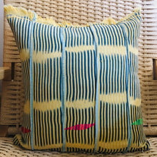 Load image into Gallery viewer, Mud Cloth Yellow + Sky Stripe Pillow 20”x20”