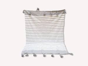 Pom Pom Blanket White+Gray Stripe