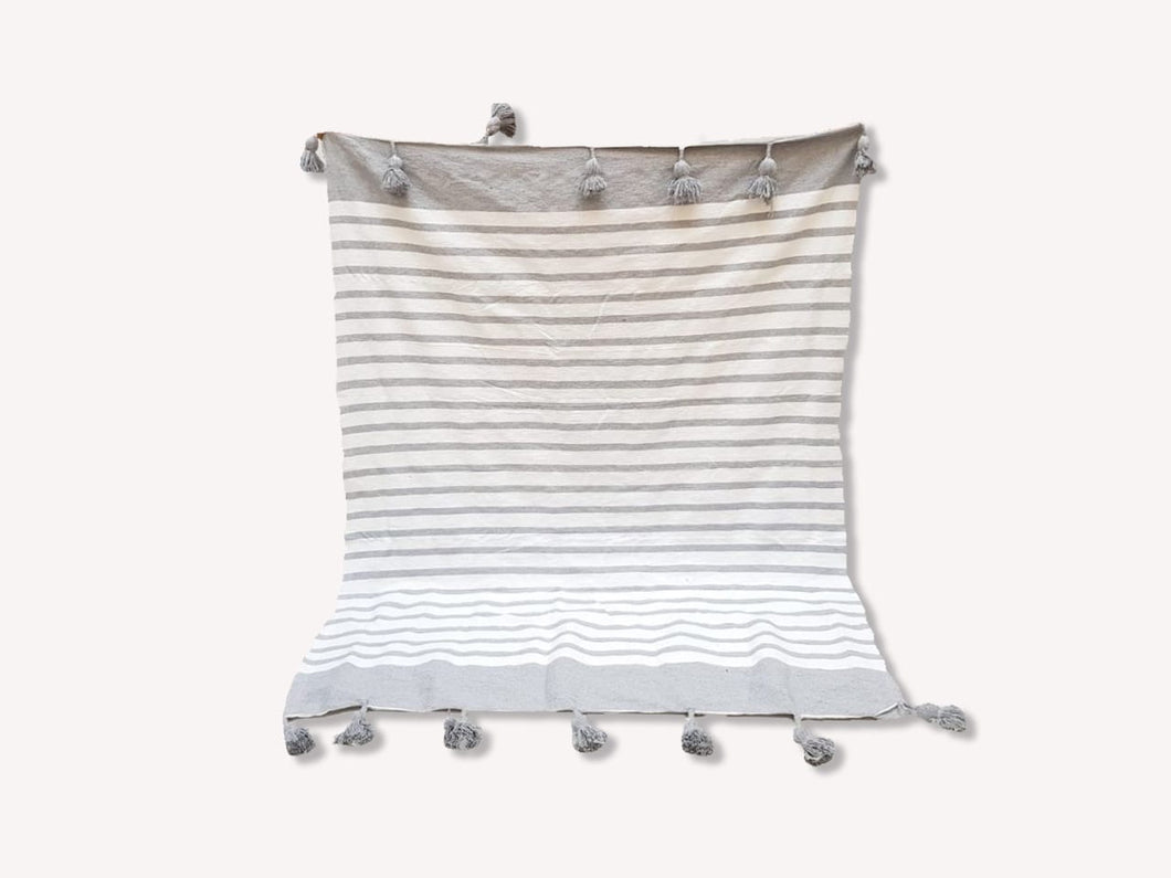 Pom Pom Blanket White+Gray Stripe