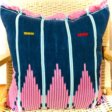 Load image into Gallery viewer, Mud Cloth Faded Indigo + Pink Pillow 22”x22”