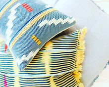 Load image into Gallery viewer, Mud Cloth Yellow + Sky Stripe Pillow 16”